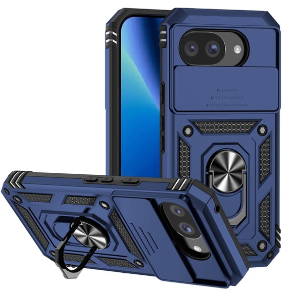 Google Pixel 10A Case,Dteck Shockproof Rubber Rugged Case Hybrid Hard Ring Holder Kickstand Slide Camera Lens Protector Cover for Google Pixel 10A,Blue