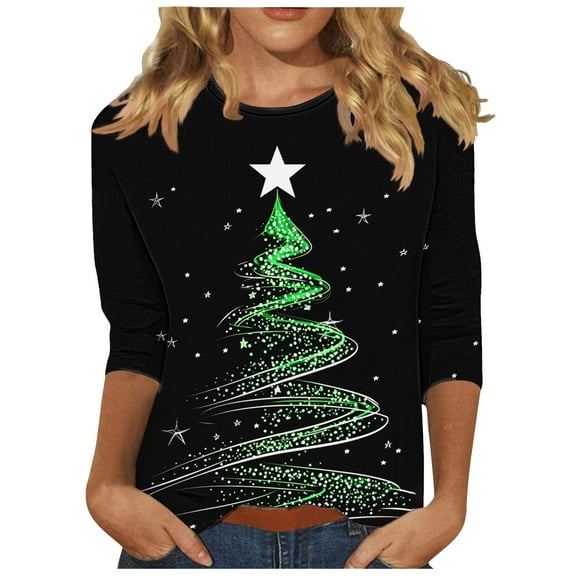 Christmas 3/4 Sleeve T Shirts for Women Plus Size T Shirt Crew Neck Casual Tops Fashion Printed Round Neck Tops
