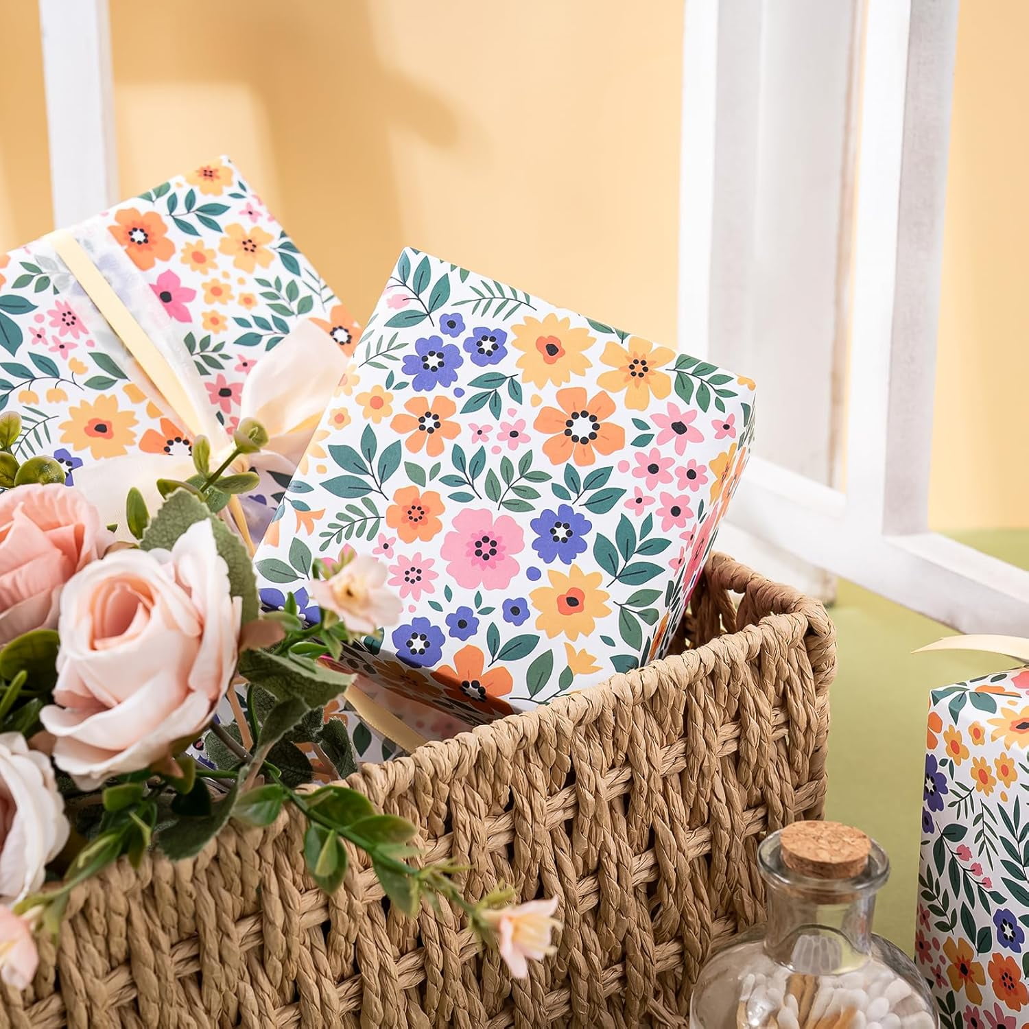AllWays Plaza Kraft Floral Wrapping Paper Roll - Mini Roll - 17 Inch x 33 Feet - Ditsy Flower Wrapping Paper, Perfect for Wedding, Birthday, Bridal Shower, Tea Party