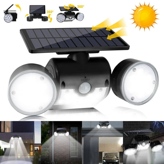 Solar Motion Sensor Dual Head Lights Outdoor Lighting, 30LED IP65 Waterproof 360° Rotatable Solar Powered Wall Lights Spotlight Flood Security Lights for Front Door Yard Garden Garage