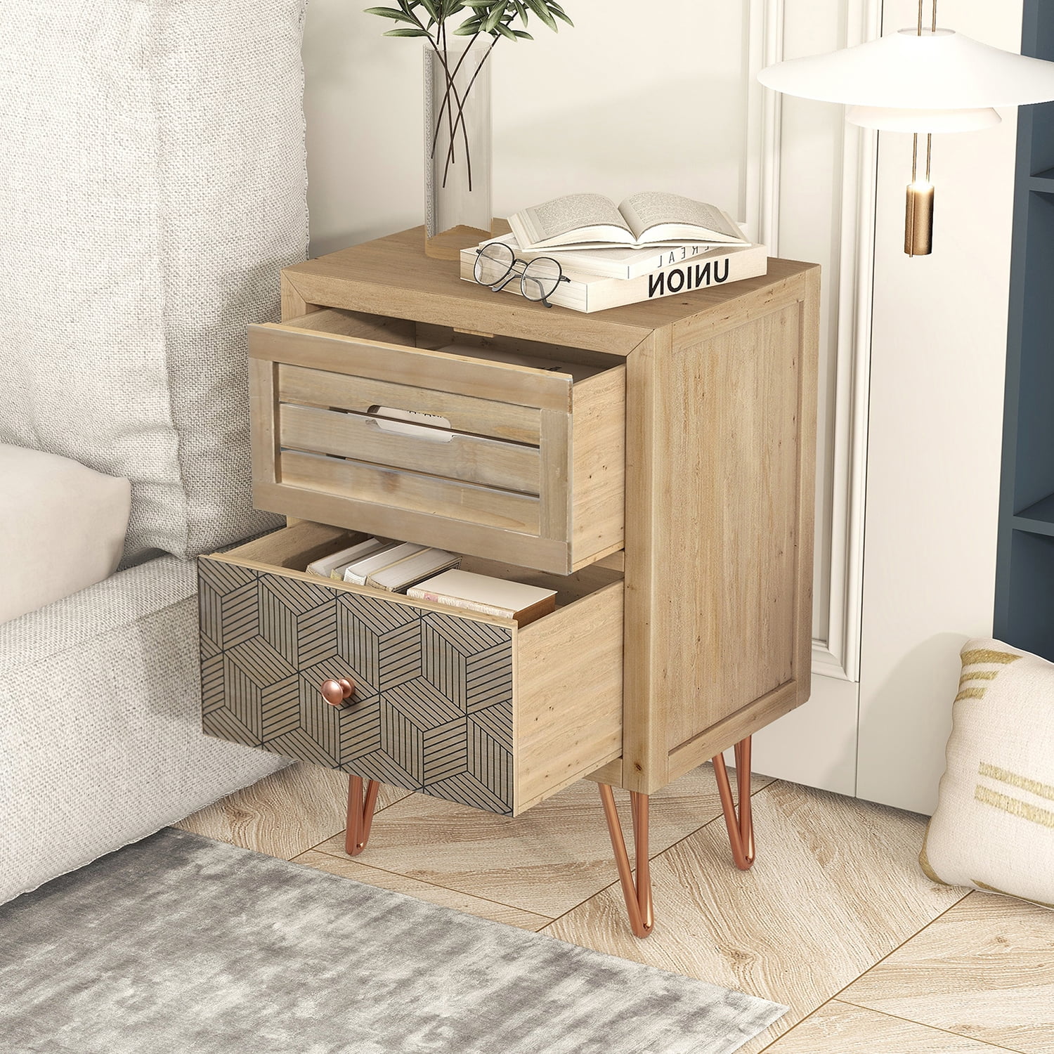 Kadyn Wooden Nightstand with Two Drawer, Modern Style Bedside Table, Storage Dresser End Table for Bedroom or Office, Natural Kadyn Wooden Nightstand with Two Drawer, Modern Style Bedside Table, Storage Dresser End Table for Bedroom or Office, Natural