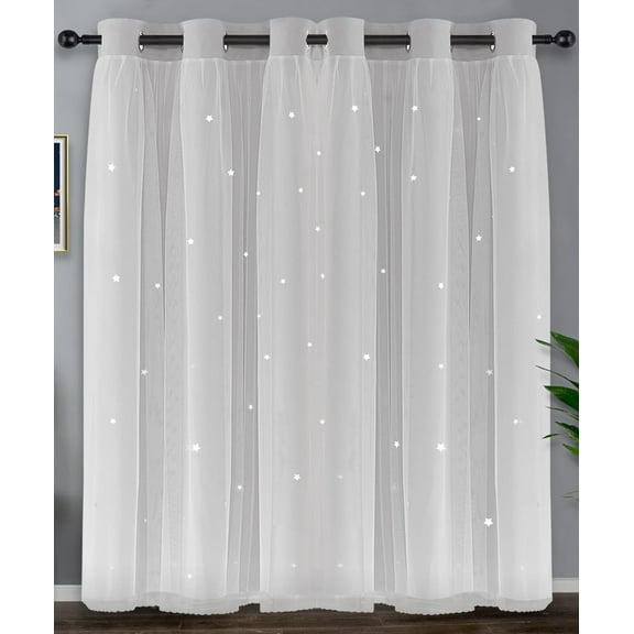 DBOZE Blackout Curtains 63 Inches Long, Thermal Insulated 2-Layer Drapes White Sheer Overlay for Bedroom/Dining Room (52"W X63" L White )2 Panels