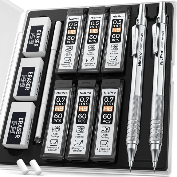 Nicpro 2 PCS Mechanical Pencil 0.5mm & 0.7 mm with Case, MP1000 Metal Artist Pencil Set with 6 Tubes HB Lead Refills, 3 Erasers, 9 Eraser Refills, Silver