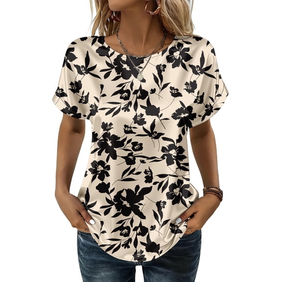 laqbezok Women's Watercolor Floral Satin Blouse, Crew Neck Dolman Sleeve Silk-Like Top, Casual Summer Fashion T-Shirt, Elegant Tee