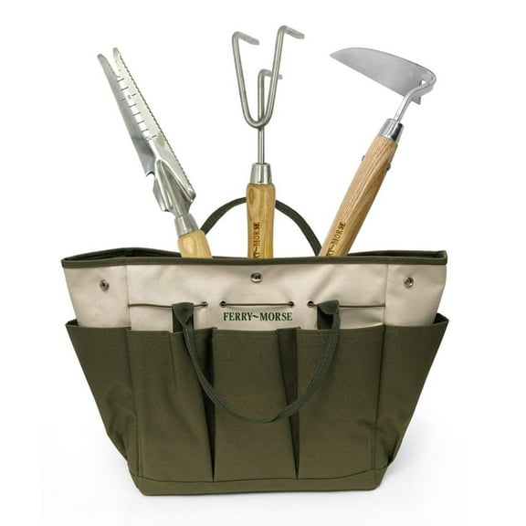 Ferry-Morse Premium All Hand Tools Set, 4Pcs Gardening Tools, Stainless-Steel Heavy-Duty Hand Cultivator, Hoes, & Weeder with Ash Wood Handle, 8 Pockets Gardening Tool Bag
