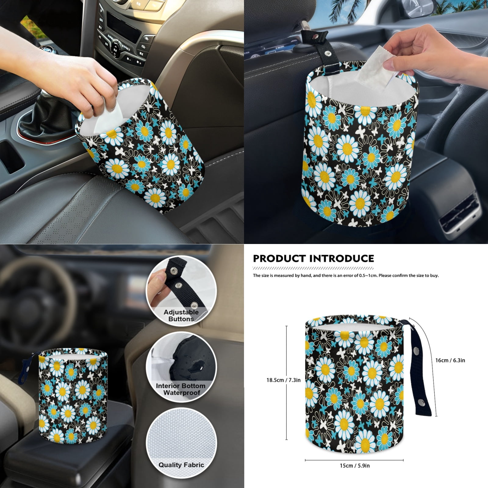 Yuyamidu Blue Daisy Car Seat Covers Full Set Women Steering Wheel Cover Safe Belt Pads Handbrake Cover Set Coasters Garbage Container Rear View Mirror Cover Car Center Console Cover, 14 Pack