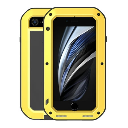 For iPhone SE 2022 / SE 2020 / iPhone 8 / iPhone 7 Heavy Duty Durable Metal Full Body Protective Case Built-in Screen Protection Shockproof Dustproof Rugged Military Grade Defender Cover, Yellow