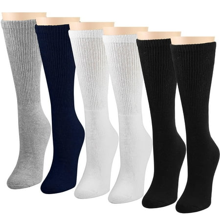Falari Women Diabetic Crew Socks 6 Pairs Diabetes Edema and Circulatory Loose Fitting Cotton 9-11 (Assorted Color)