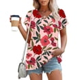 thumbnail image 2 of Summer Dressy Blouses for Women Pleated Short Sleeve Tunic Tops Casual Floral Shirts V-Neck Solid T-shirts Summer Vacation Beach Fashion Plus Size S-XXL, 2 of 6