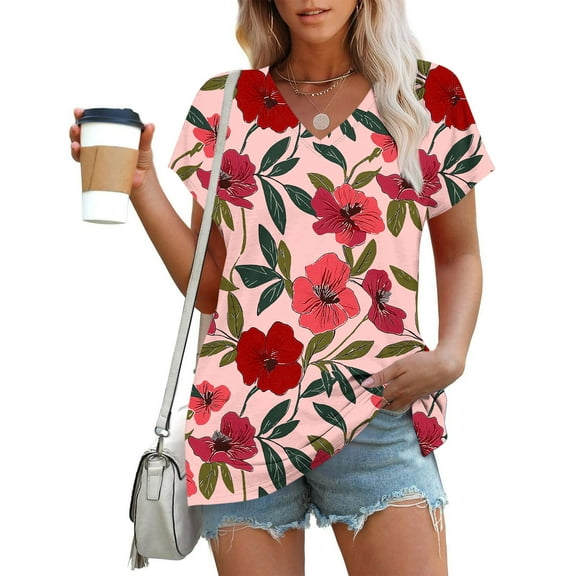 Rezuofi 1 Pcs Summer Tops for Women Ruffle Short Sleeve Shirts Floral V Neck Trendy Dressy Casual Blouses Loose Fit T Shirt 2025
