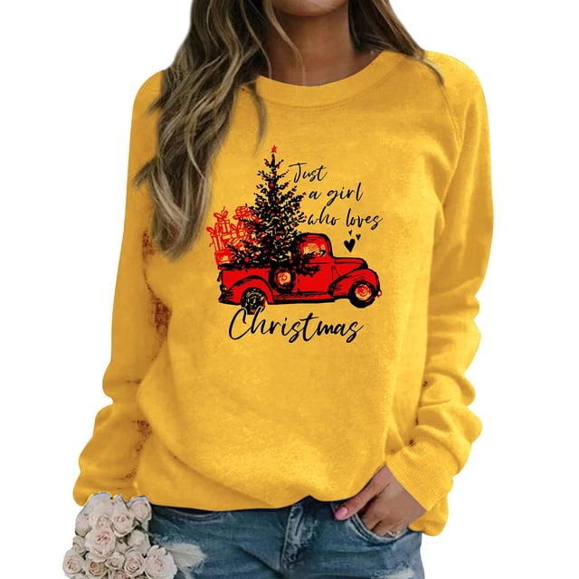 Jersey de mujer con estampado de patrones navideños, cuello redondo, manga larga, Top informal para uso diario, tela amarilla, letras negras L