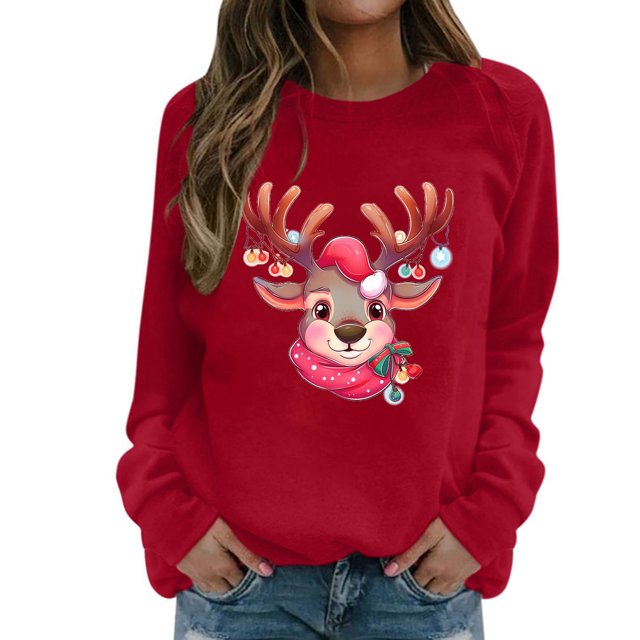 Chandail Imprimé Cerf Automne Hiver pour Femmes Manches Longues Col Rond Sans Capuche Mode de Noël