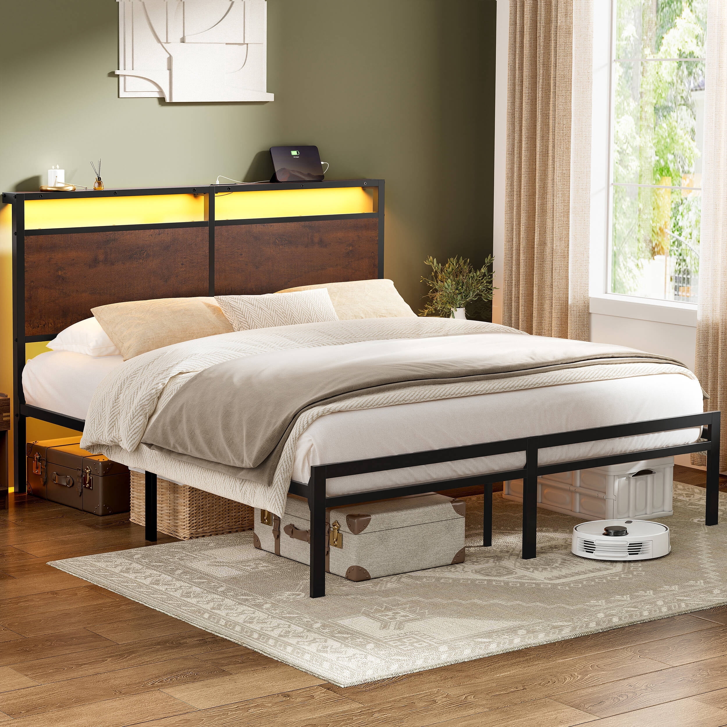 GUNAITO Queen Bed Frame with Headboard Metal Platform Bed with LED Lights and Charging Station, Rustic Brown