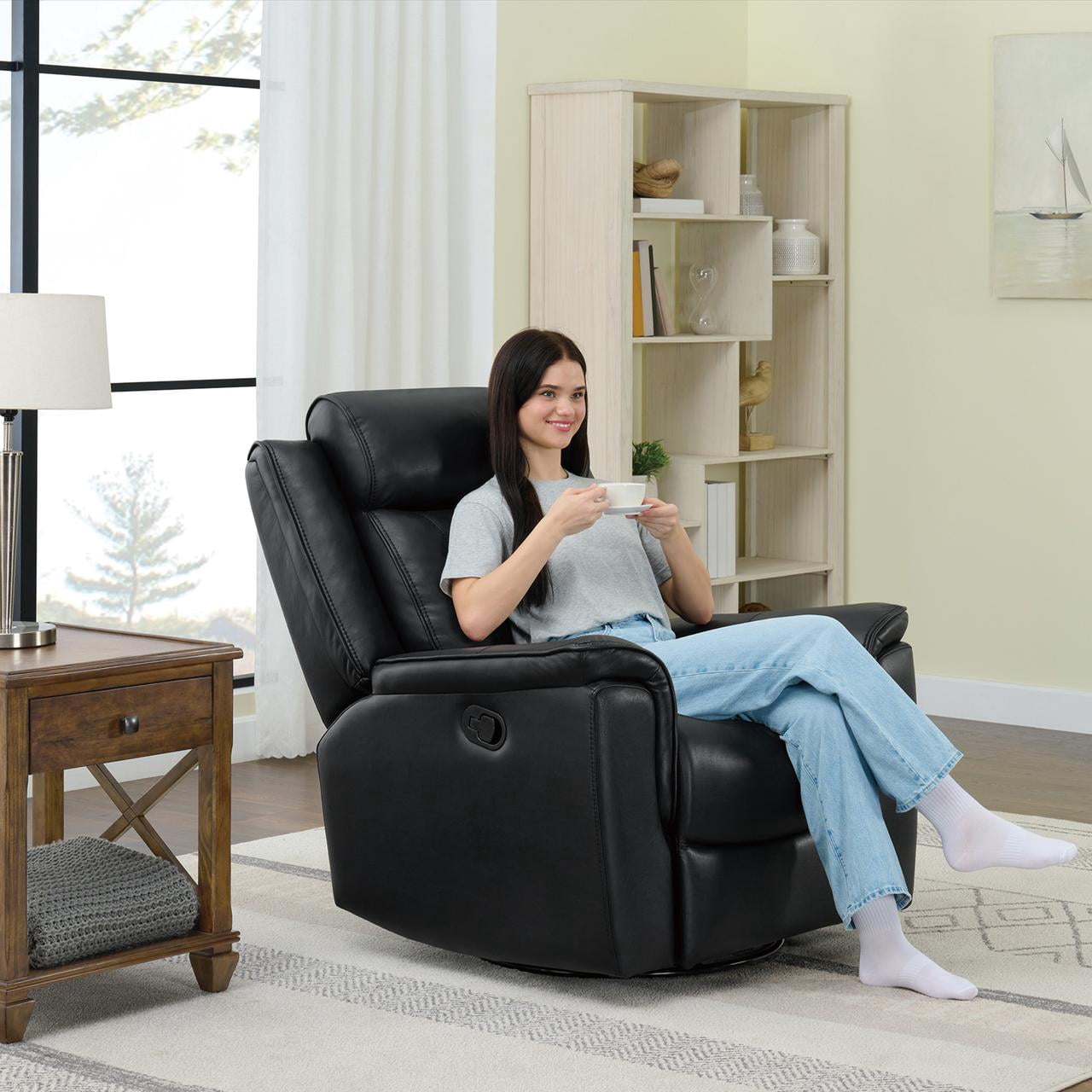 CHITA Recliner Chair for Adults Swivel Rocker Recliner for Living Room Faux Leather Home Theater Seating, Black