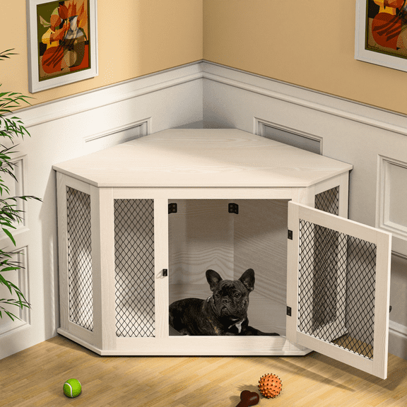 44 inch Corner Dog Crate Furniture,Wooden Dog Kennel Furniture with Mesh,Decorative Wood Dog House for Small/Medium/Large Dog,Perfect for Indoor Limited Room