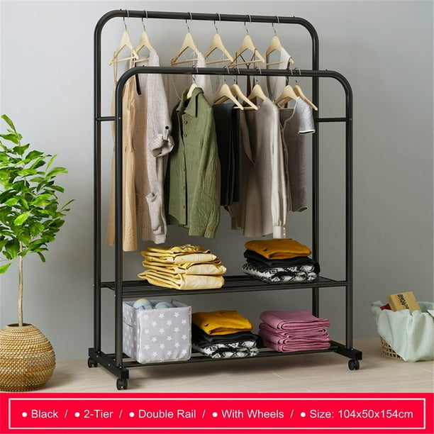 60 Inch Rolling Clothing Rack on Wheels, Double Rails Clothes Rack with
