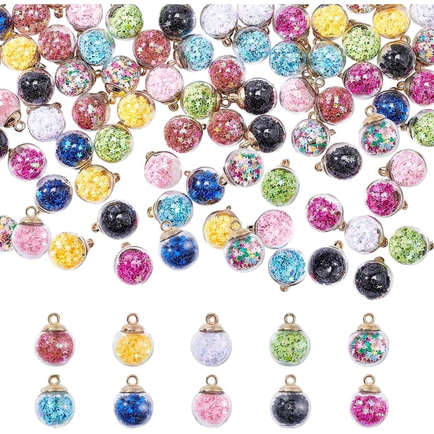 100 piezas de dijes de bolas de cristal de colores: colgantes de bolas de cristal de 15 mm con lentejuelas brillantes de estrella y pasadores de copa.