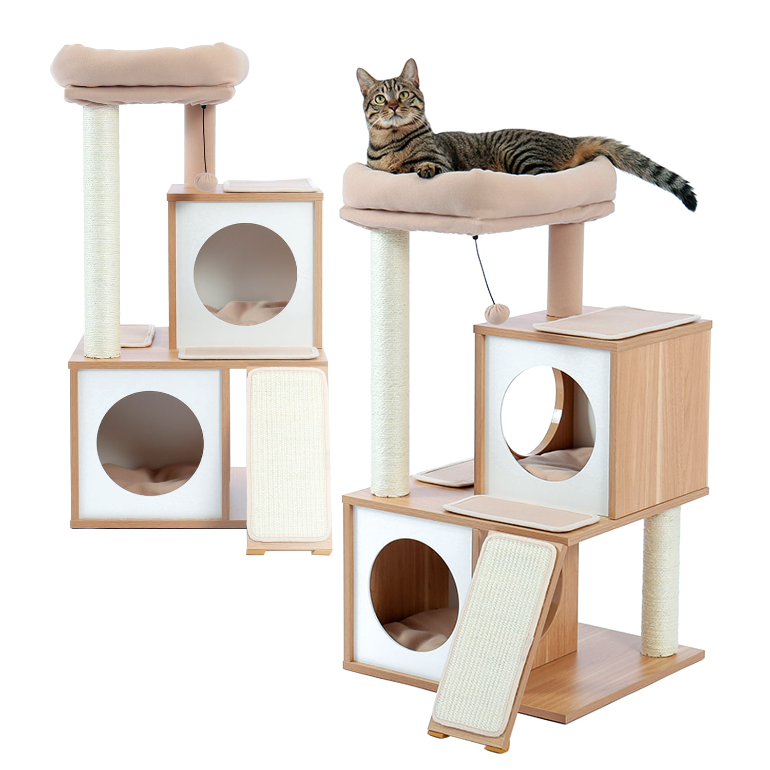 Wood Cat Tree Cat Tower With Double Condos Spacious Perch Sisal Scratching  Post And Replaceable Dangling Balls Beige - Walmart.com