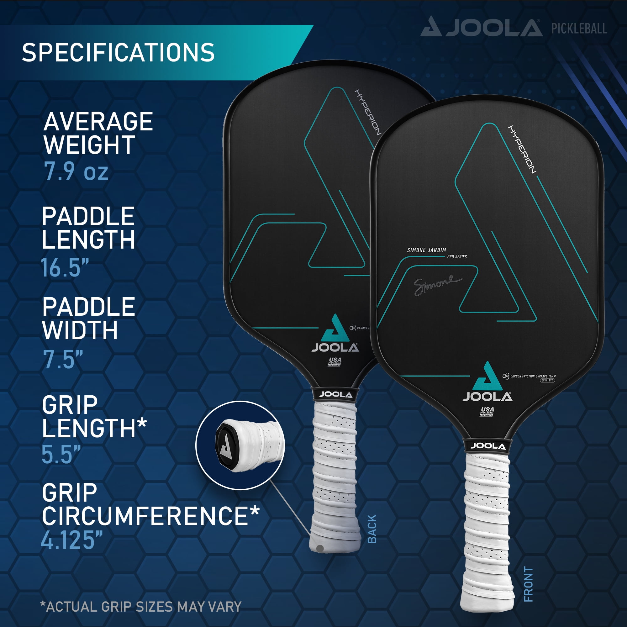 JOOLA Simone Jardim Hyperion CFS 16mm Swift Pickleball Paddle,  Carbon, Elongated , Black