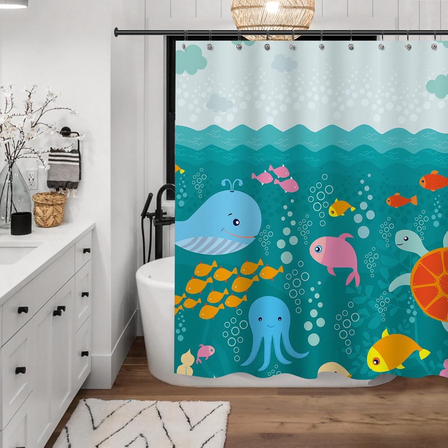 Lovely Cartoon Sea Creatures Fabric Shower Curtain for Kids, Whale Turtle and Fish Bathroom Decor Curtain for Girls and Boys