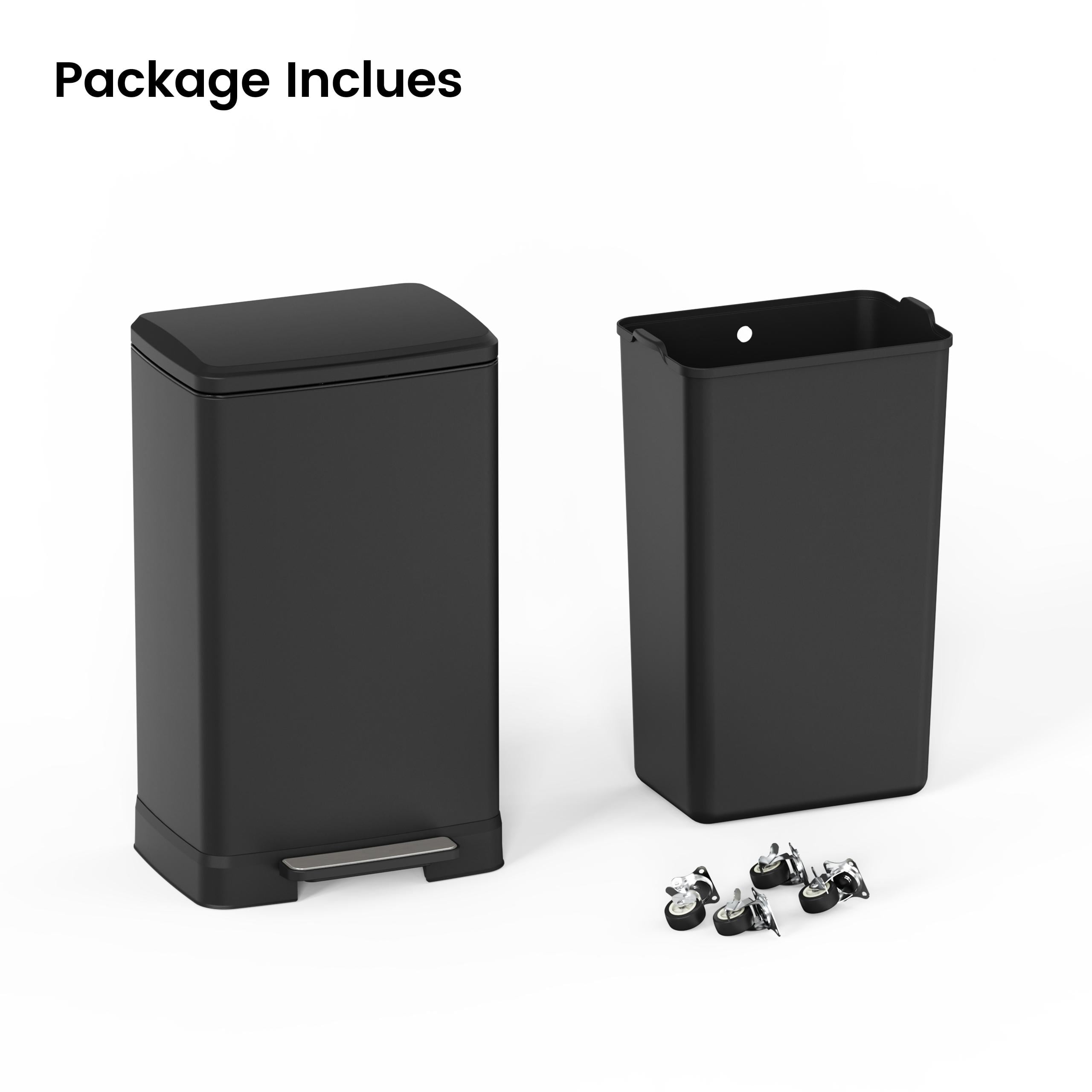 14 Gallons Pedal Trash Can with Soft Close Lid, Removable Inner Bucket & Detachable Wheels, Odor Control Slot for Kitchen Home, Black