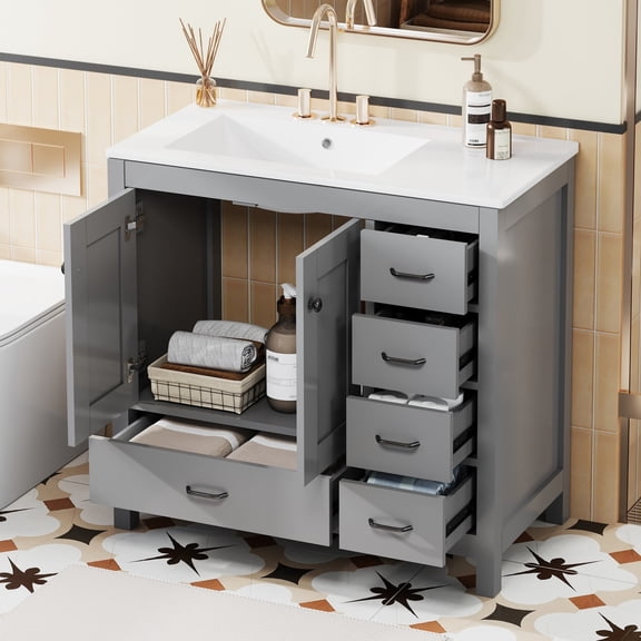 DTTRA 36" Gray Bathroom Vanity with Ceramic Sink Combo, Solid Wood Frame, 2 Soft-Close Doors & 5 Drawers, Large Storage Cabinet for Towels & Toiletries