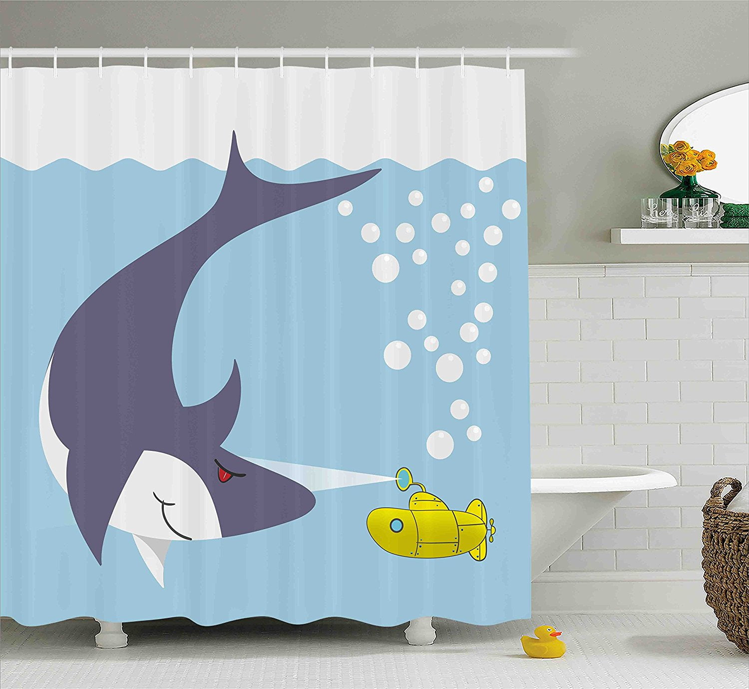 Yellow Submarine Shower Curtain Set by , Shark with Vessel in Ocean