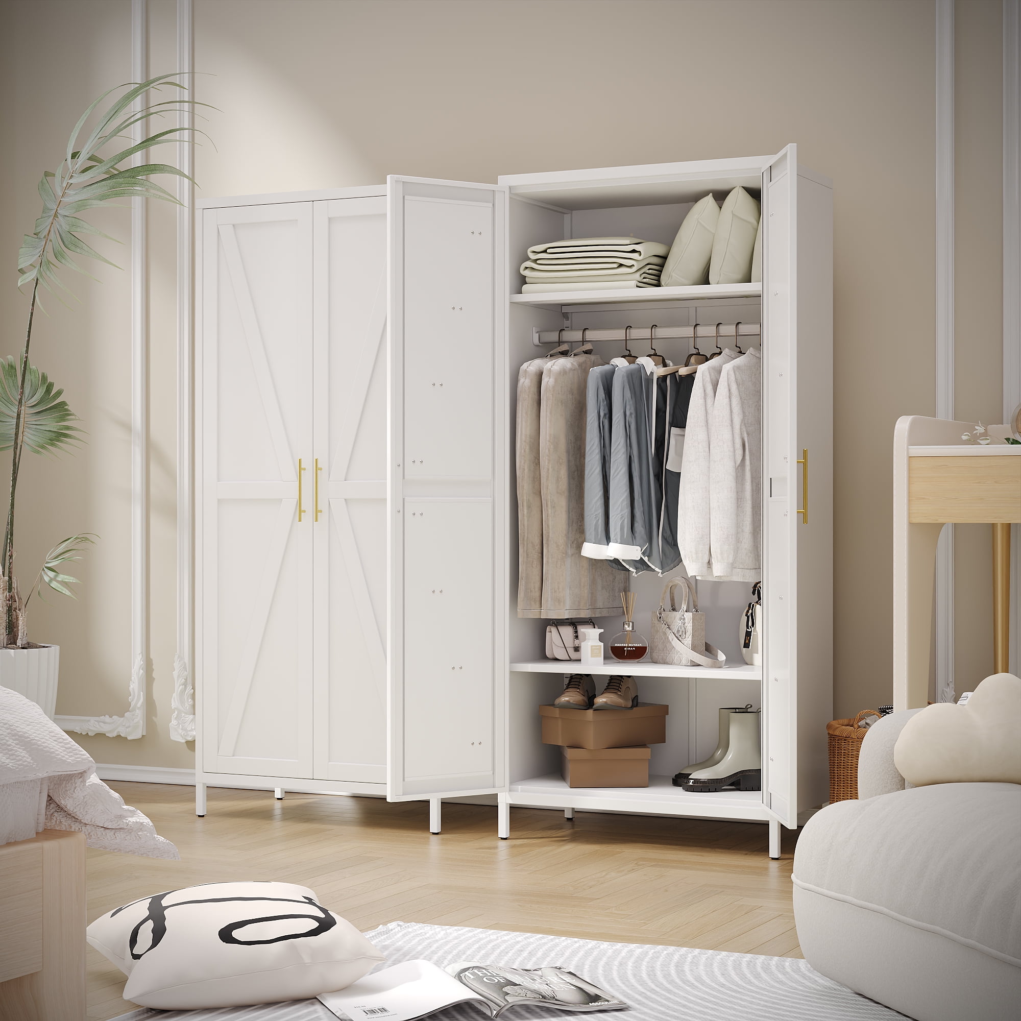 GangMei Metal Storage Cabinet Locker with Hanger Rod and Adjustable Shelves, Large Steel Cabinet for Living Room,Office,School,Gym,Garage,(White)