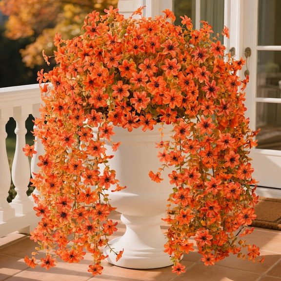 Circlecity 4 Pack Artificial Hanging Flowers, 276 Blooms Orange Faux Silk Flower Vines for Outdoor Planters, Porch & Fall Decor, Planter Not Included