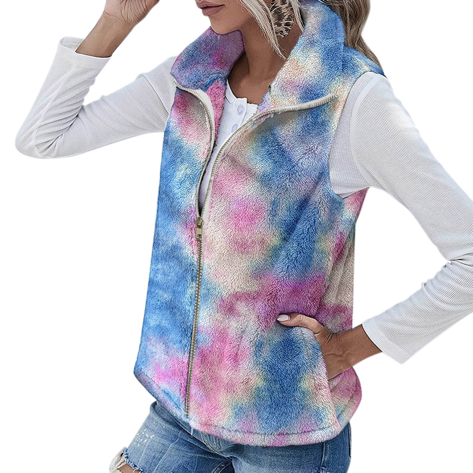 TIANZEN Coat For Womens Fuzzy Jacket Lightweight Vest Cozy Sleeveless Cardigan Zipper Outerwear With Pocket Corduroy Vest for Women Reversible Vest Lightweight Vests for Women