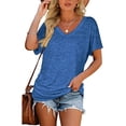 thumbnail image 3 of SHIBEVER Womens T Shirts V Neck Short Sleeve Casual Loose Tees Tops for Women Clothes Side Shirring Basics Tshirts Pleated Tunics Solid Color Blue Size S, 3 of 9