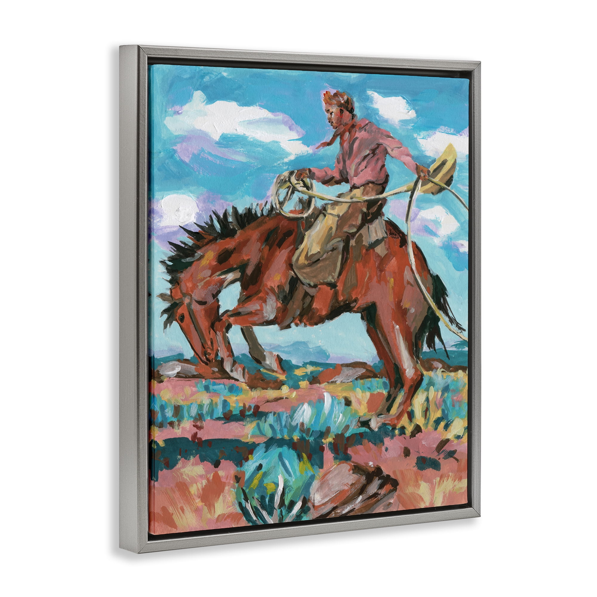 Stupell Industries Lassoing Cowboy Scene Animals Painting Gray Floater Framed Canvas Art Print Wall Art, 25 x 31