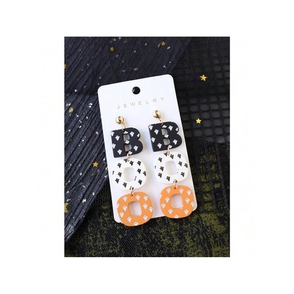 Halloween Ghost Print BOO Drop Earrings, Lightweight Acrylic & Polymer Clay Party Jewelry, Cute Festival Gift for Women White