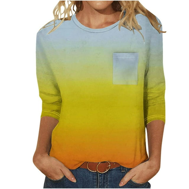 SDNall Femmes Casual Couleur Unie Col Rond Manches 3/4 et 3/4 Poche Top