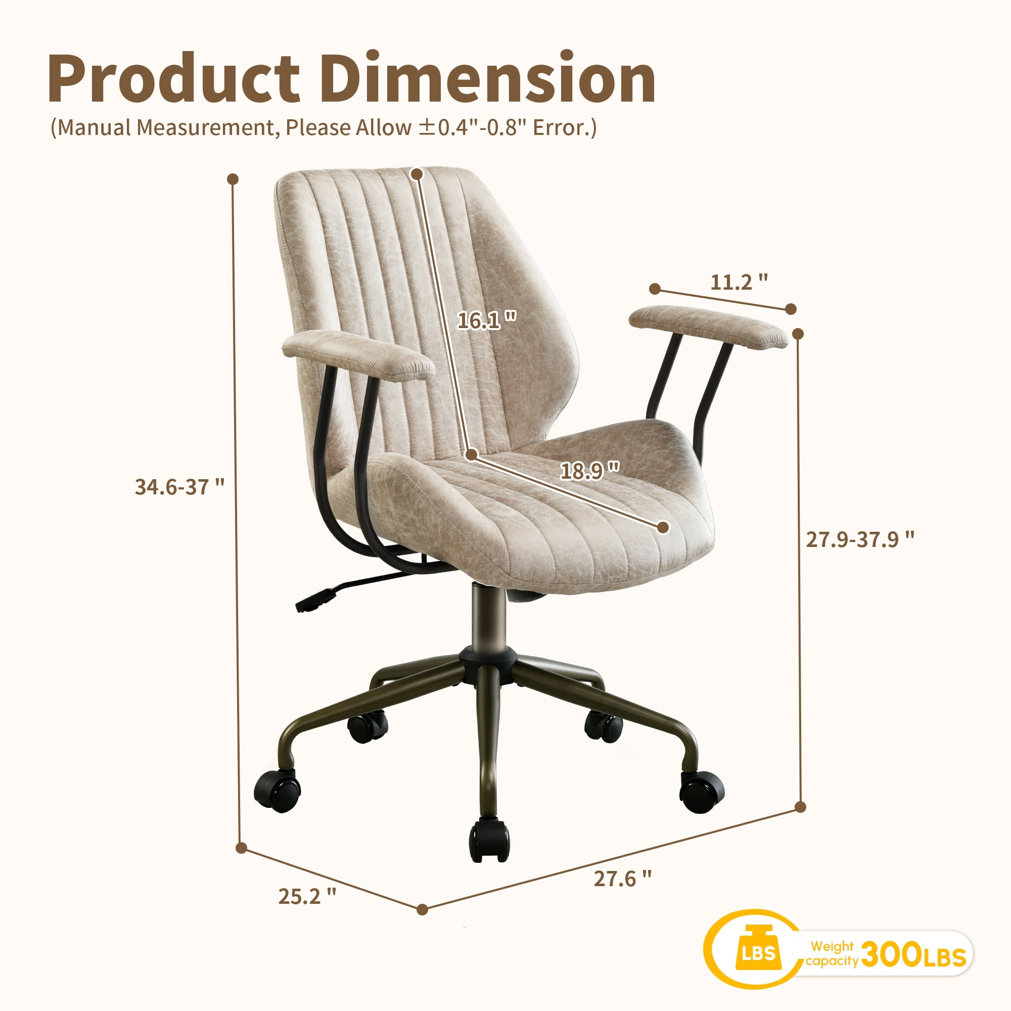 Toject Ergonomic Office Chair, Mid Back Comfy Home Office Chair with Lumbar Support, Mid-Century Modern Computer Executive Desk Chair with Thickened Cushions (Suede Leather, Beige)