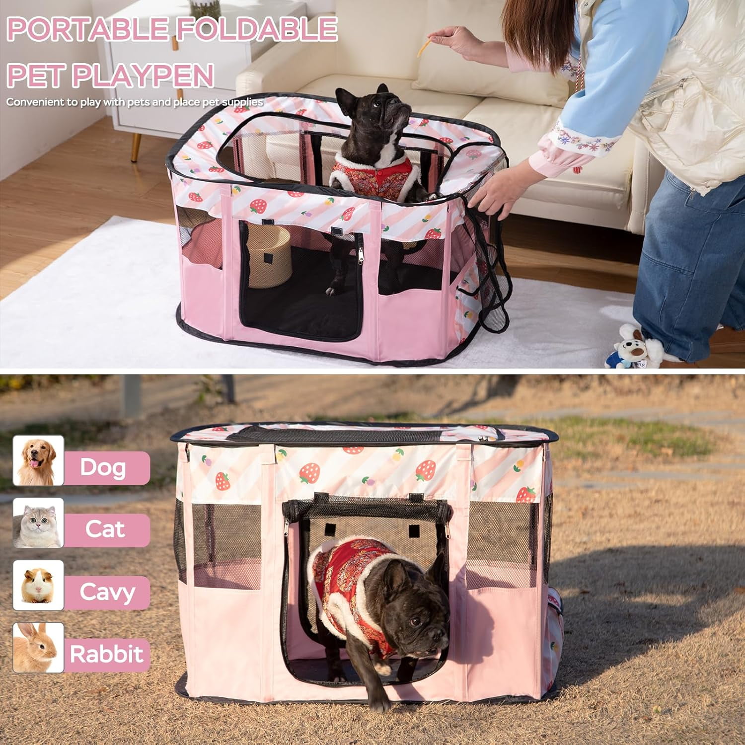 Portable Pet Playpen for Dogs, Cats & Rabbits - Collapsible Indoor Outdoor Kennel with Large Space