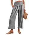 thumbnail image 2 of Women's Gingham Palazzo Pants Smocked High Waist Wide Leg Trousers Casual Loose Plaid Cropped Slacks with Pockets 3/4 Length, 2 of 8