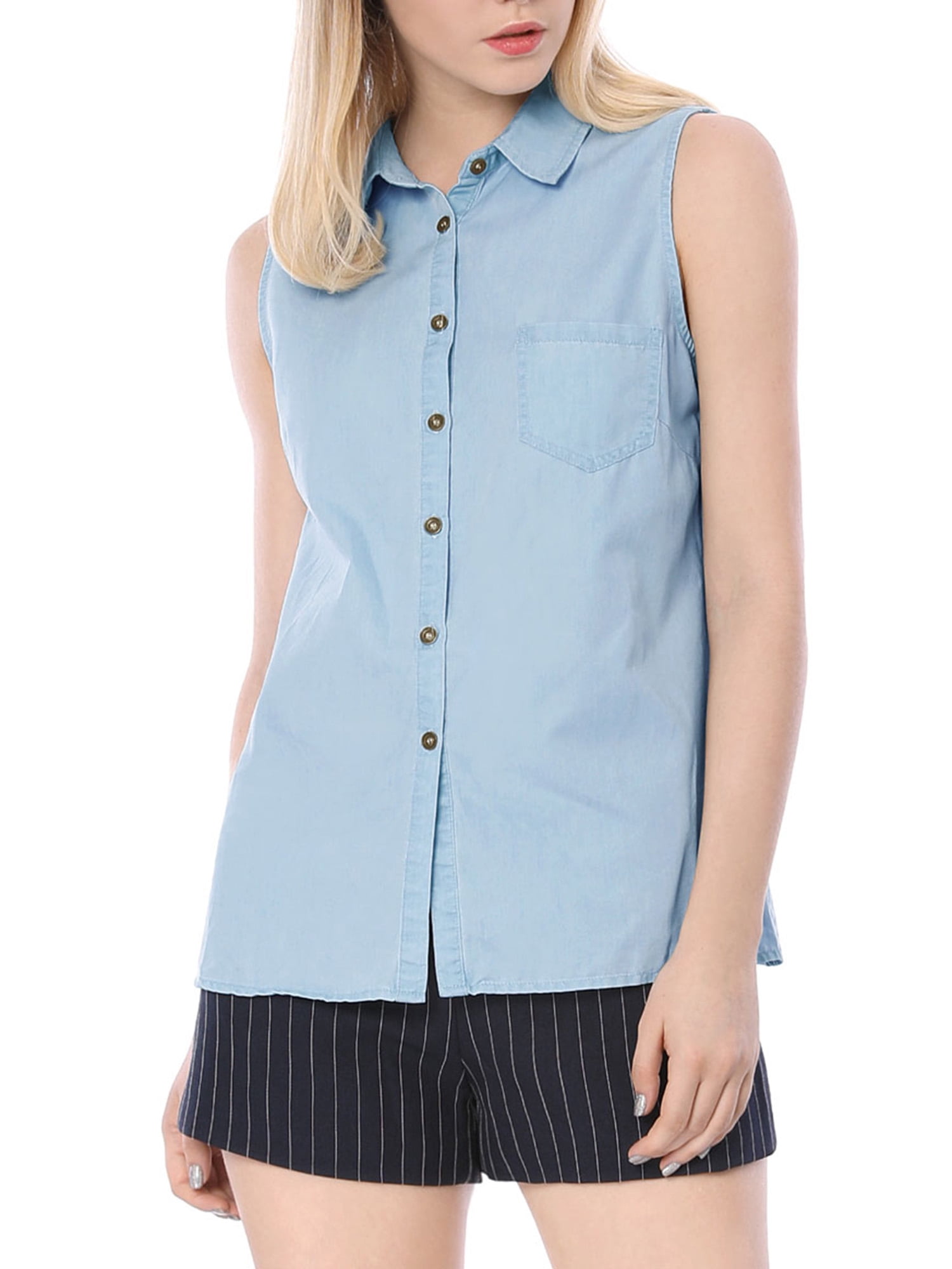 DARING DIVA Women's Single Breasted Point Collar Sleeveless Shirt XL Sky Blue
