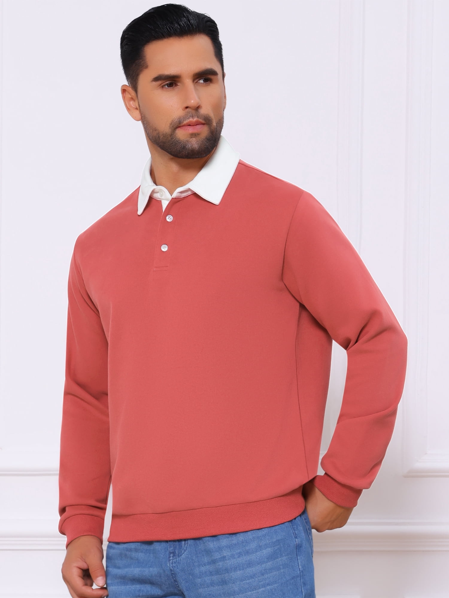 DARING DIVA Men's Contrast Collared Long Sleeves Pullover Polo Sweatshirt M Red