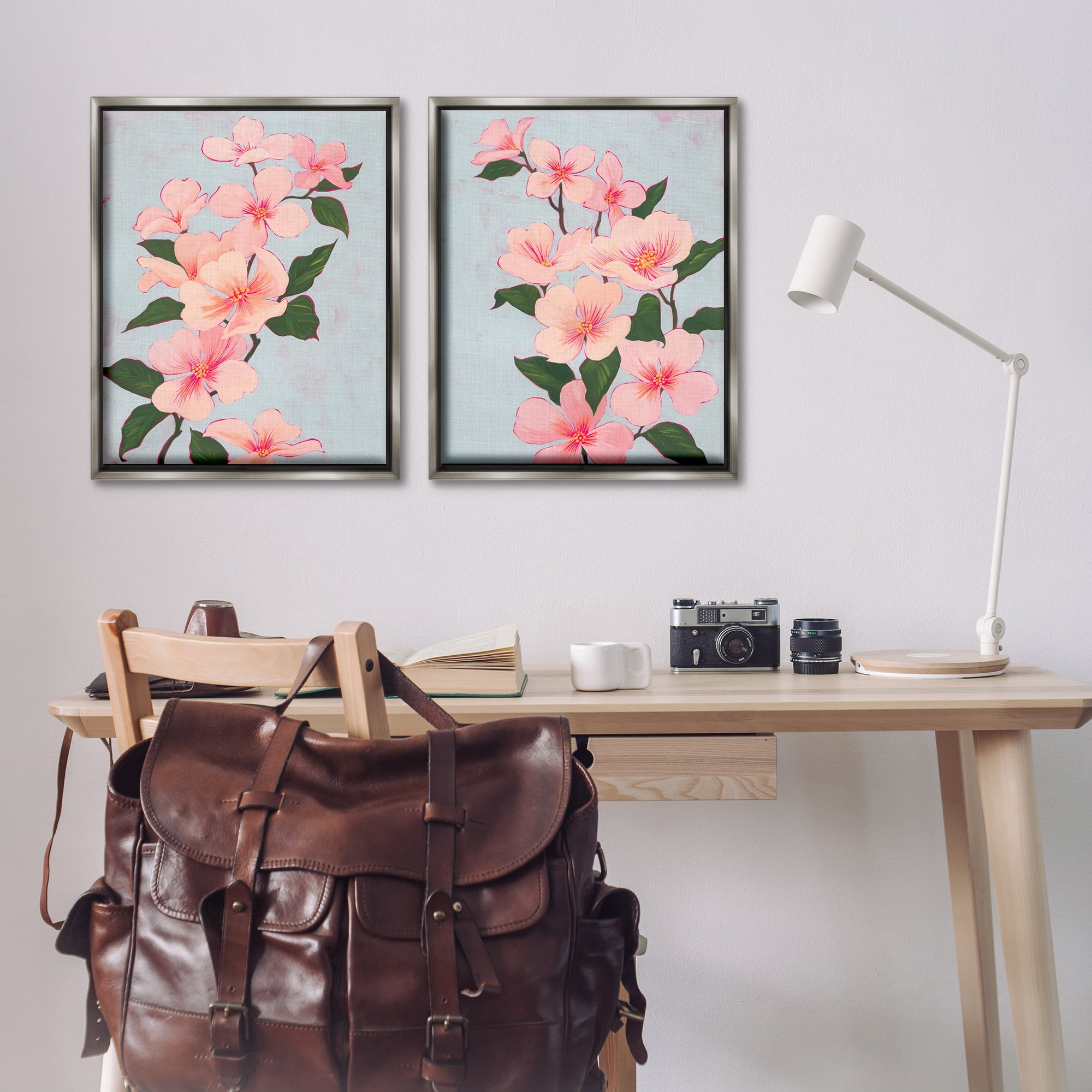 Stupell Industries Pink Cherry Blossom Branch Plants & Flowers Painting Gray Floater Framed Canvas Art Print Wall Art, 31 x 25, Set of 2