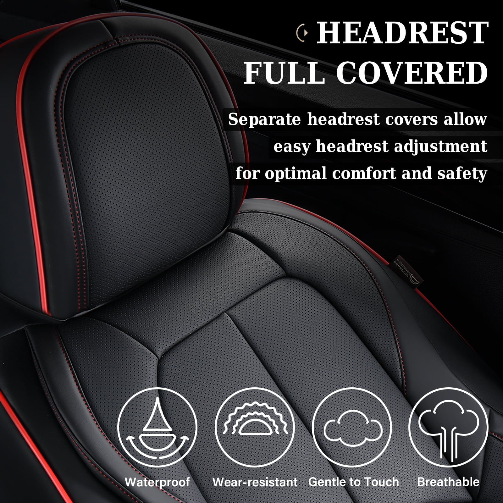Coverado Front Seat Covers for Car, Premium Leather Seat Protectors with Lumbar Support, Waterproof Auto Cushions Universal Fit for Most Cars, Black&Red