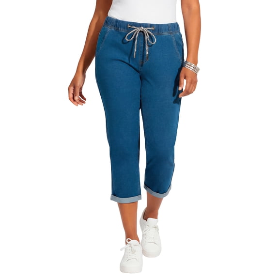 Catherines Women's Plus Size Petite Relaxed Rolled Knit Jean Capri
