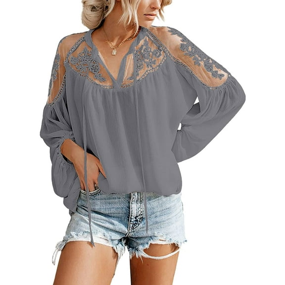 V Neck Crochet Lace Tops for Women Casual Loose Puff Sleeve Fall Shirts Flowy Chiffon Blouses