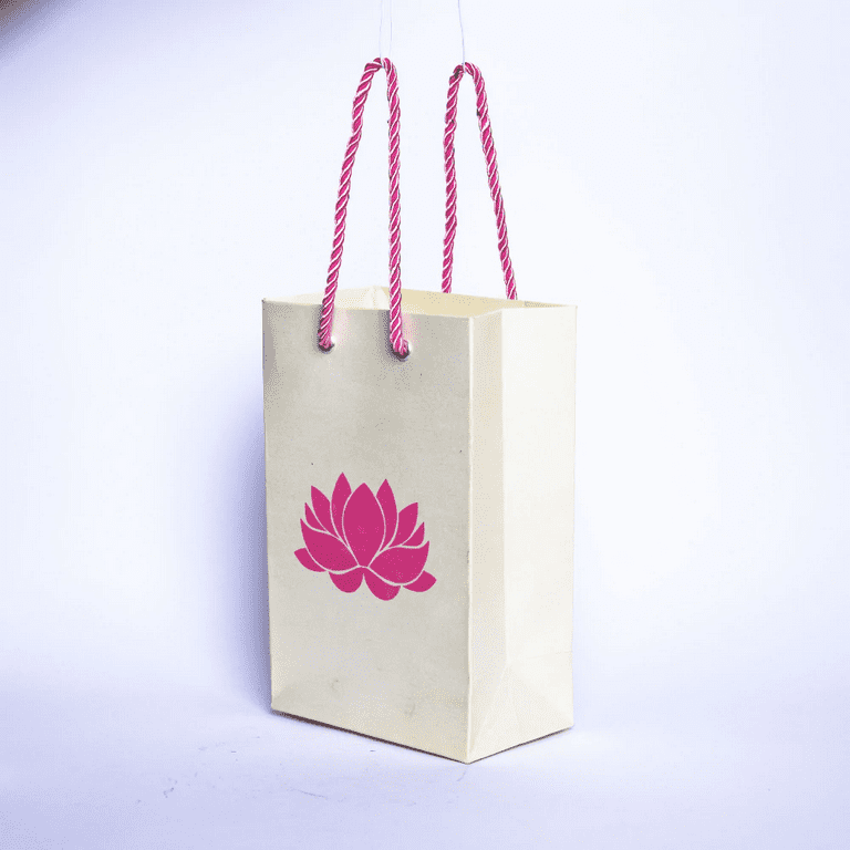  Eco-Friendly Jute Bags with Lotus Print - 10 x 8 - Beach Bag,  Reusable & Biodegradable - Perfect for Gifts, Return Gifts, Indian Gift Bags,  Puja Return Gifts, Wedding Favors, Wedding