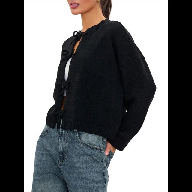 Suéteres Tipo Cárdigan con Lazo Frontal para Mujer, de Punto Grueso, con Mangas Largas Abullonadas, Modernos Abrigos para Otoño e Invierno. Negro M
