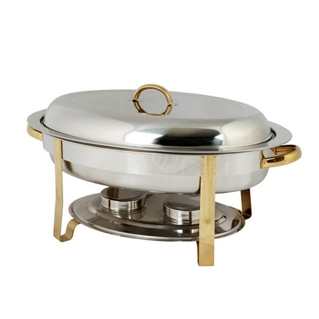 

Excellante Stainless steel 6 quart gold accented oval chafer comes in set