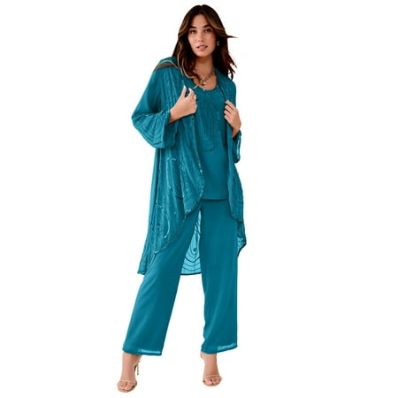 Roaman's Women's Plus Size Petite Plus Size Beaded Georgette 3-Piece Pant Set – Formal Wear