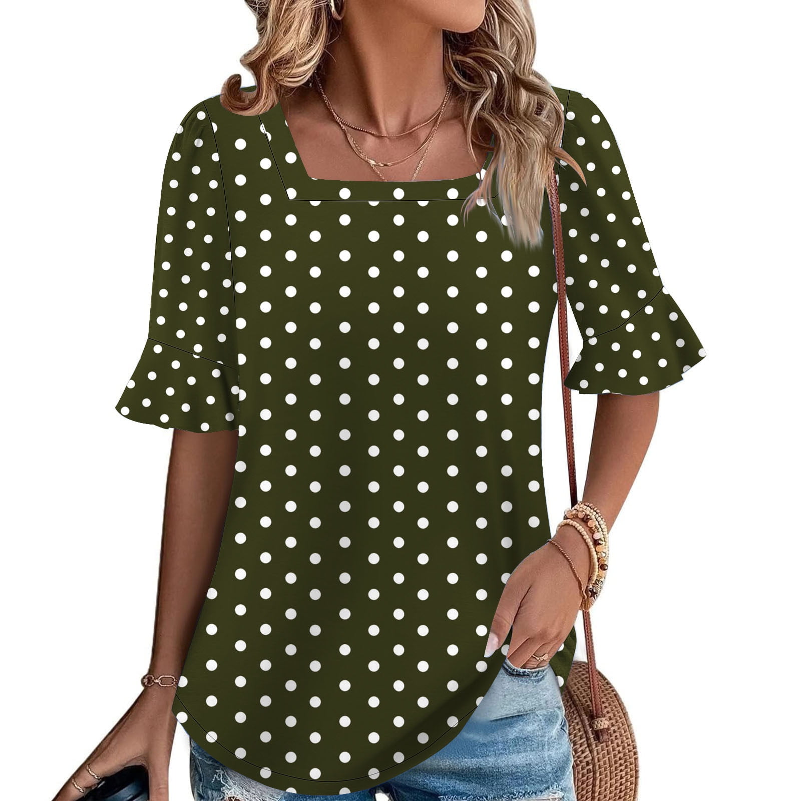 zbxnLI Women's Square Neck Short Sleeve Tops Fashion Polka Dot Printed  Summer T-Shirts Cute Casual Loose Shirts - Walmart.ca