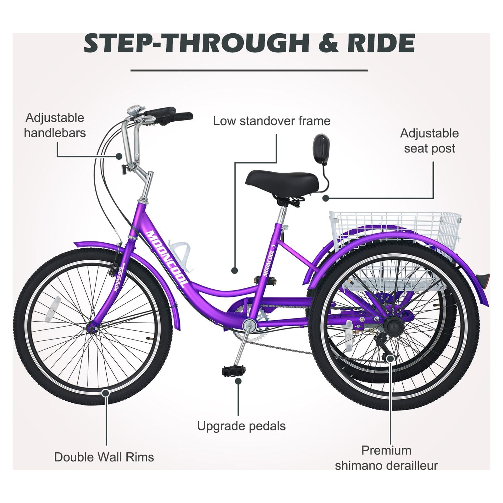 Lilypelle Adult Tricycle 7 Speed Adult Trikes 20 inch,3 Wheel Bikes with Backrest,Low Step-Through Aluminum Frame,Cargo Basket,Rose Purple