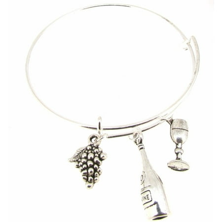 

Expandable Bangle Bracelet Wine Bottle Wine Glass Grapes Silver Plate